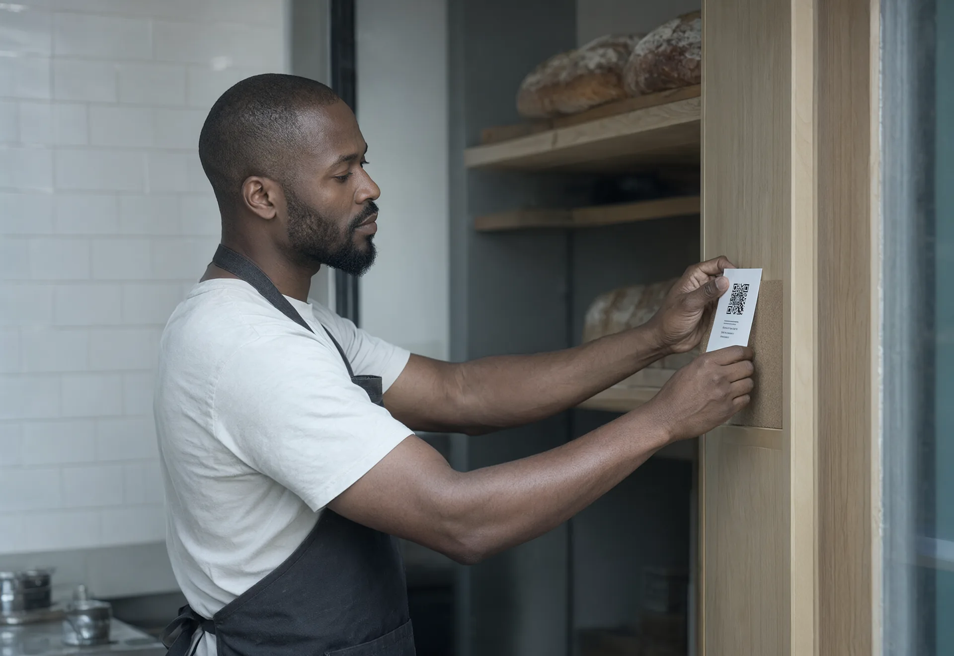 A bakery owner pinning a printed flyer by the door