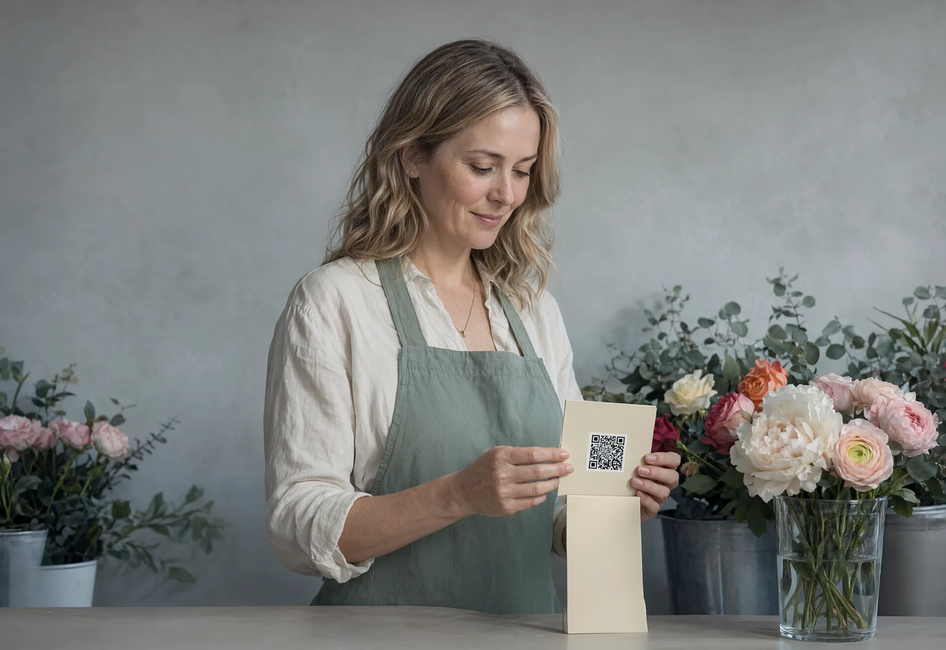 A florist setting a small printed card on her counter