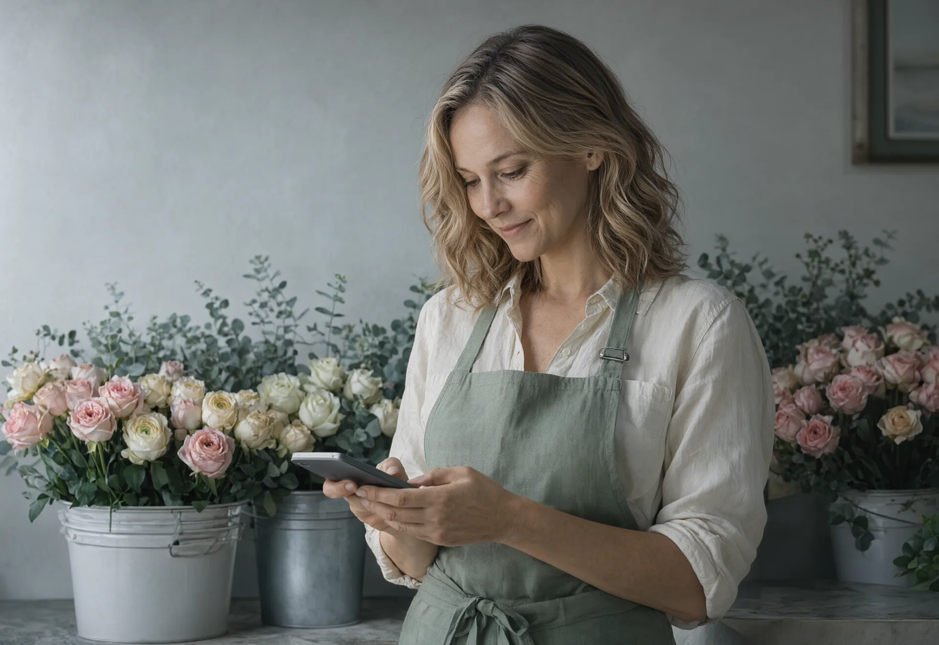 A florist glancing at her phone after closing